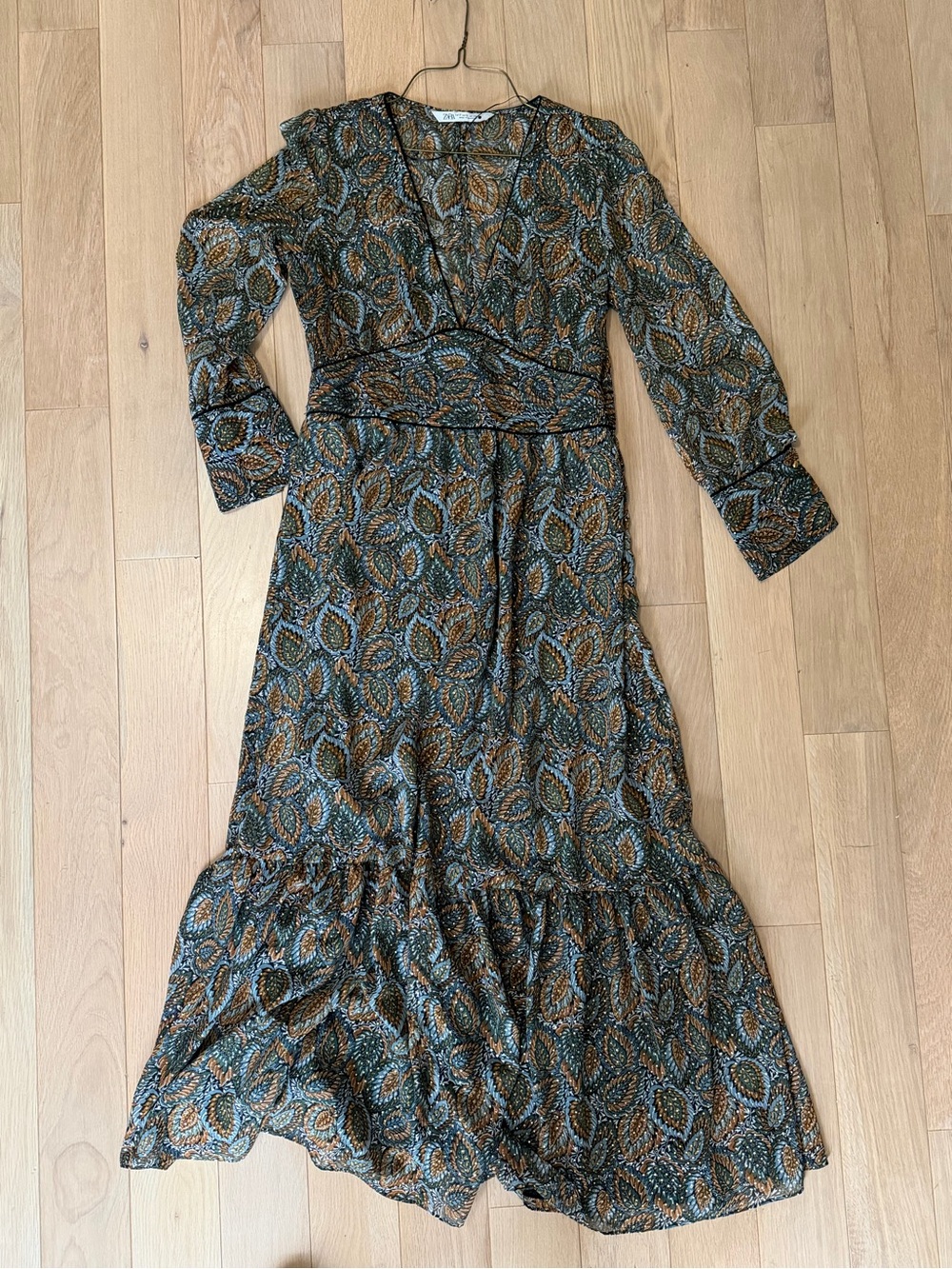 Zara Sheer Paisley Maxi Dress in Black and Brown with Orange Accents